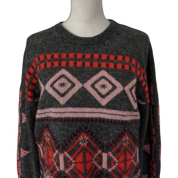 J Crew Womens Fair Isle Wool Mohair Blend Sweater Size L Gray Nordic Preppy - Picture 4 of 8